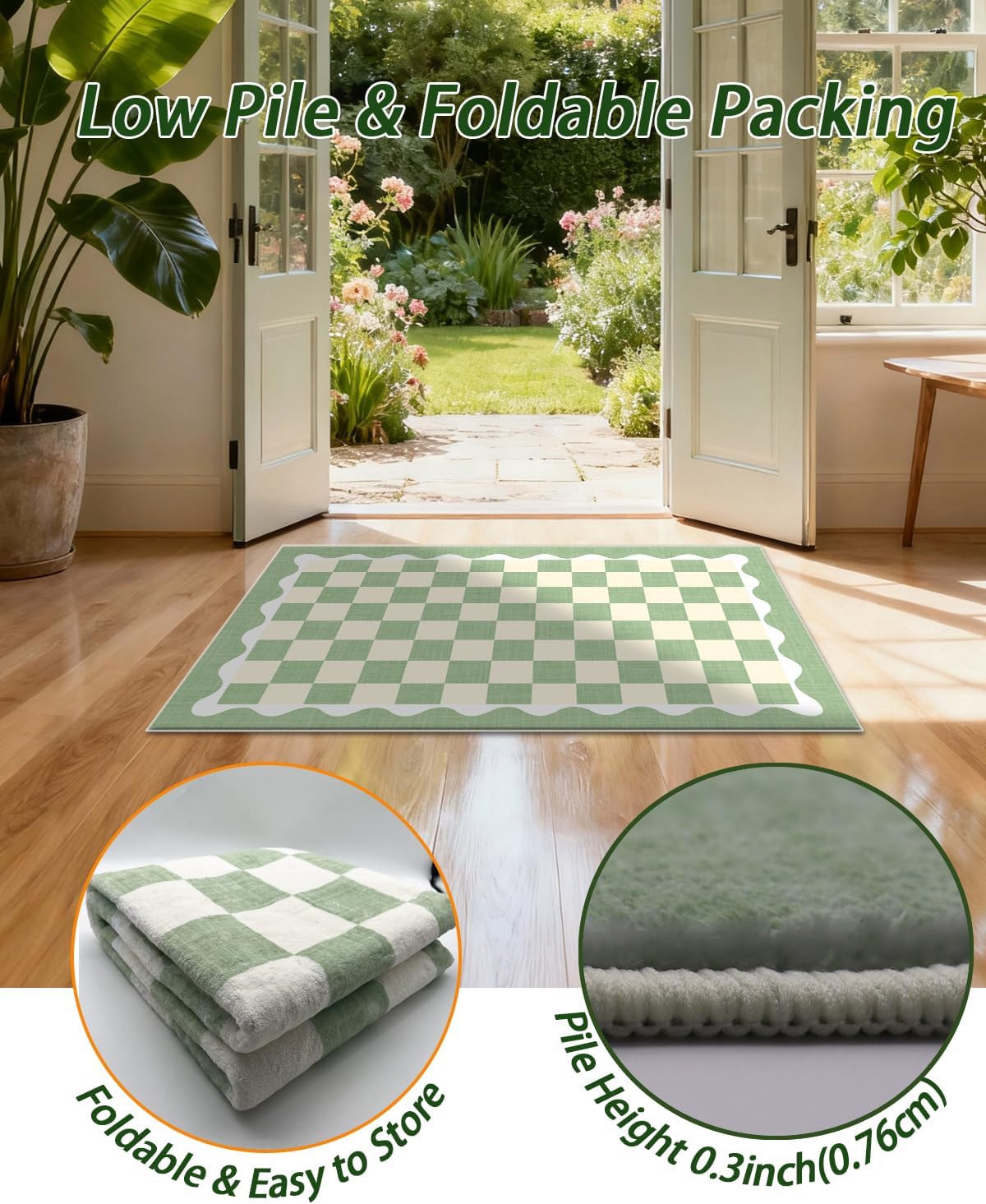 Green Checkered Runner Rug 2x6, Washable Low-Pile Scalloped Indoor Carpet for Hallways, Soft Non Slip Ultra Thin Bedroom Rug for Entryway Kitchen Laundry (Green, 2' x 6' (Rectangular))