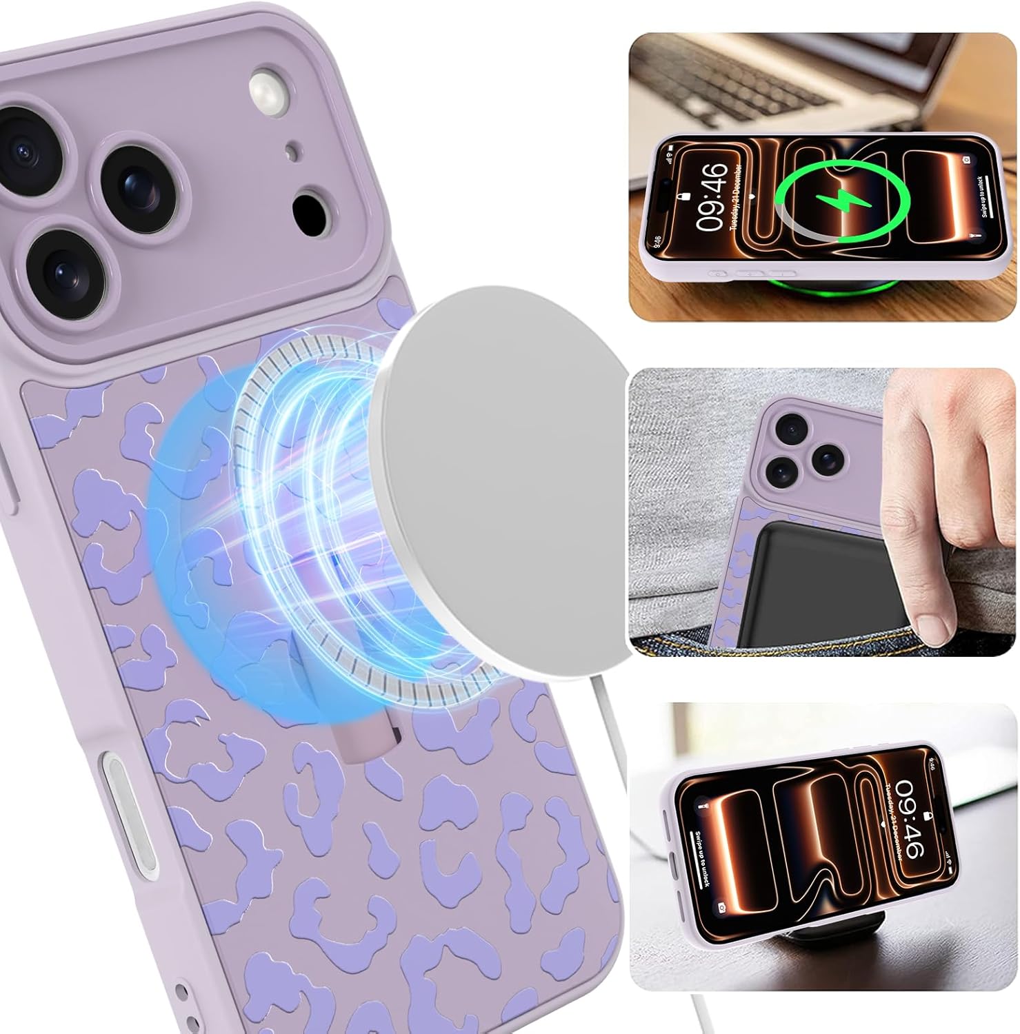 MOWIME Magnetic for iPhone 17 Pro Max Case with Finger Strap, Compatible with Magsafe, Cheetah Print Pattern for Women Girls, Slim Shockproof Soft TPU Case for iPhone 17 Pro Max 6.9 Inch, Purple