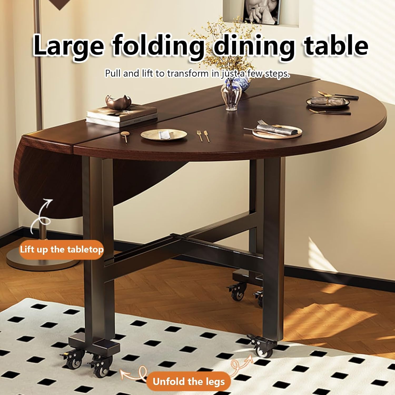 Round Drop Leaf Kitchen Dining Table with Wheels,Extendable Butterfly Table with Universal Wheels, Flip-Top Dinner Tables for Small Spaces(Brown,100cm/39.3in)