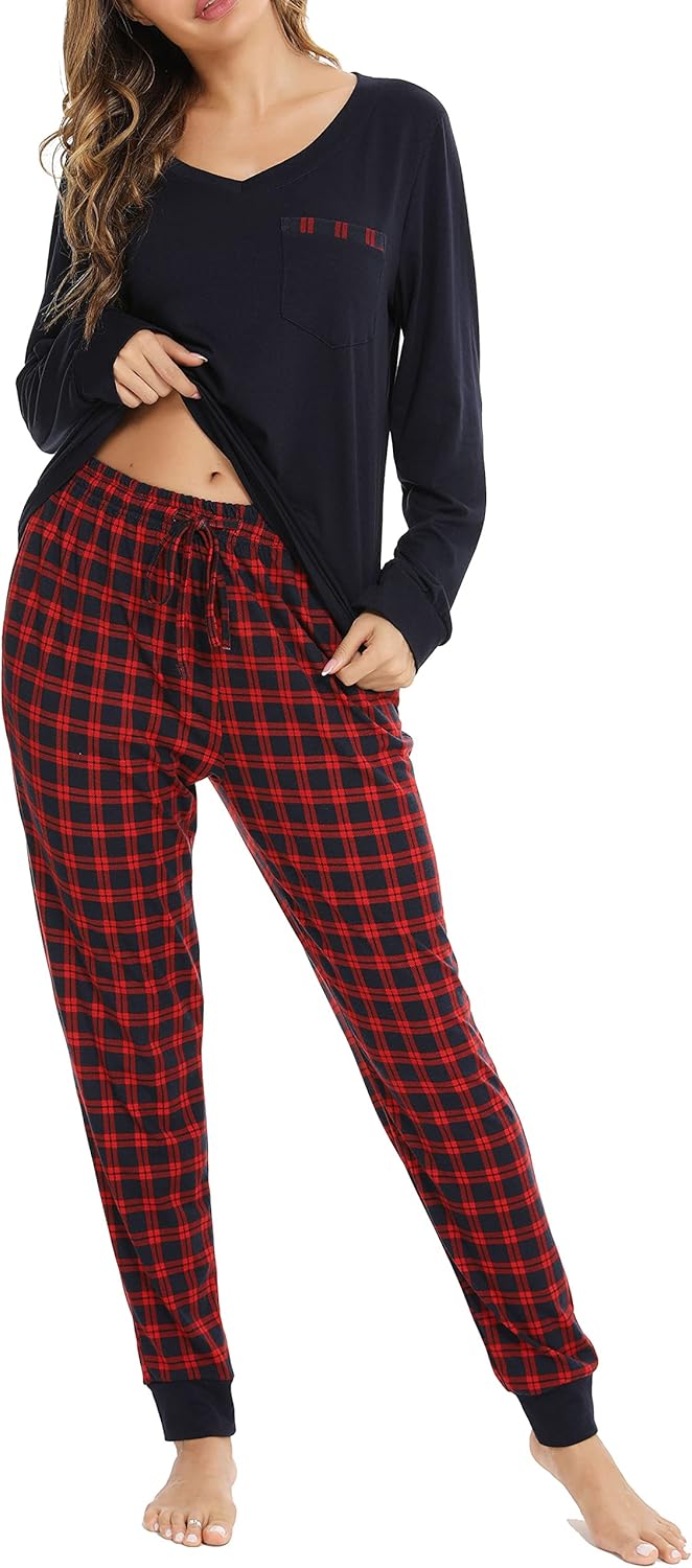Vlazom Women's Pajama Set 2 Pieces Soft Sleepwear Set Warm Long Sleeve Sweatshirt and Long Plaid Pants with Pockets S-XXL - Image 3