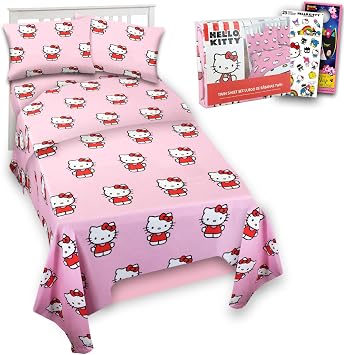 Hello Kitty Sheet Set - Bundle of Hello Kitty Bedding Including Flat Sheet, Fitted Sheet, and Pillowcase for Twin Bed Plus Stickers, More for Kids