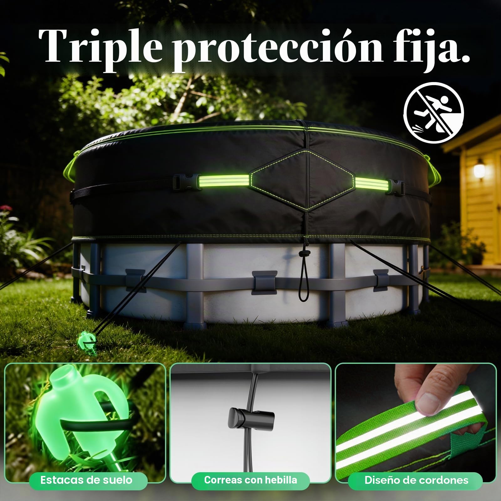 Cubierta para Piscina, Lona Piscina con Tiras Reflectantes, Estaca Luminosa, con Protección UV, Hermética al Polvo, para Piscinas Elevadas y Trampolines, Ø304 (260-302cm), Negro