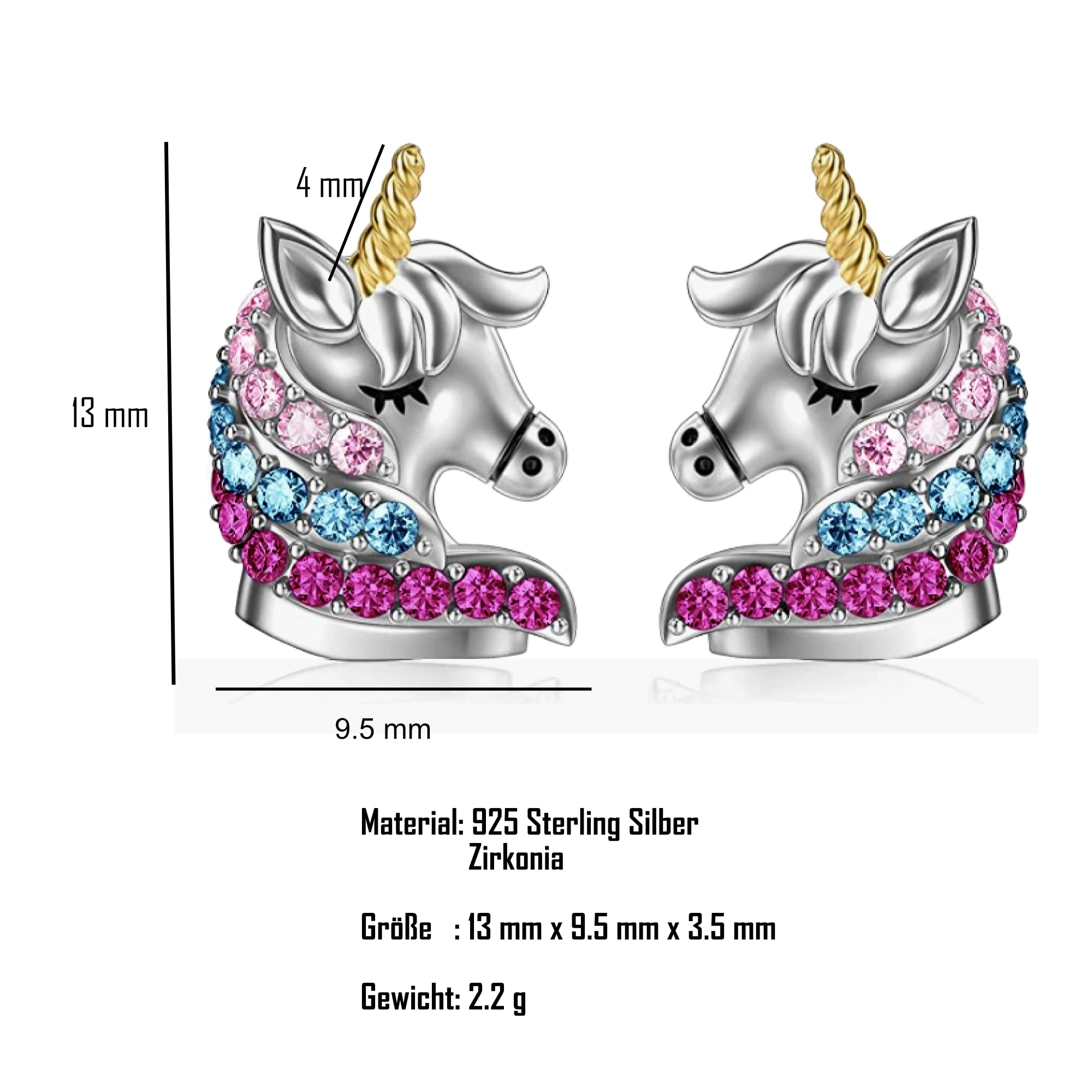 Orecchini a perno in vero argento sterling 925, con motivo a forma di farfalla, a forma di unicorno, con madreperla, a forma di cuore, Argento, Zirconia cubica
