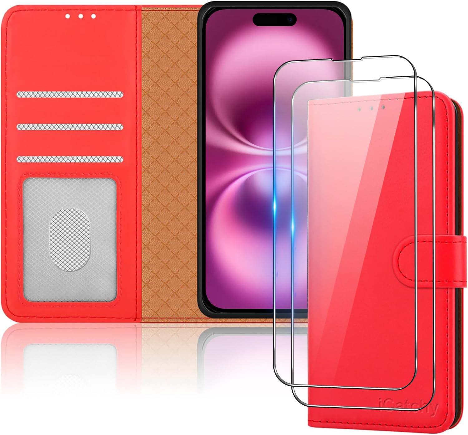 iCatchy iPhone 16 Leather Wallet Case - RFID Blocking Protective Flip Cover with Credit Card Holder Storage & Integrated Kickstand, Red