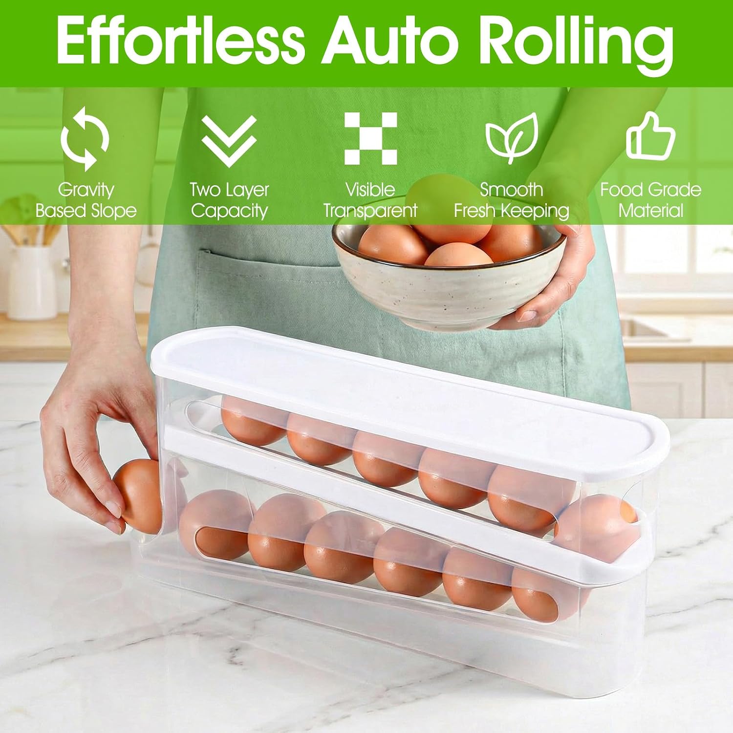 2-Pack Egg Dispenser for Refrigerator, Automatic Rolling Double-Layer Egg Organizer with Lid, Space-Saving Transparent Eggs Cartons for Kitchen Countertop & Fridge Storage