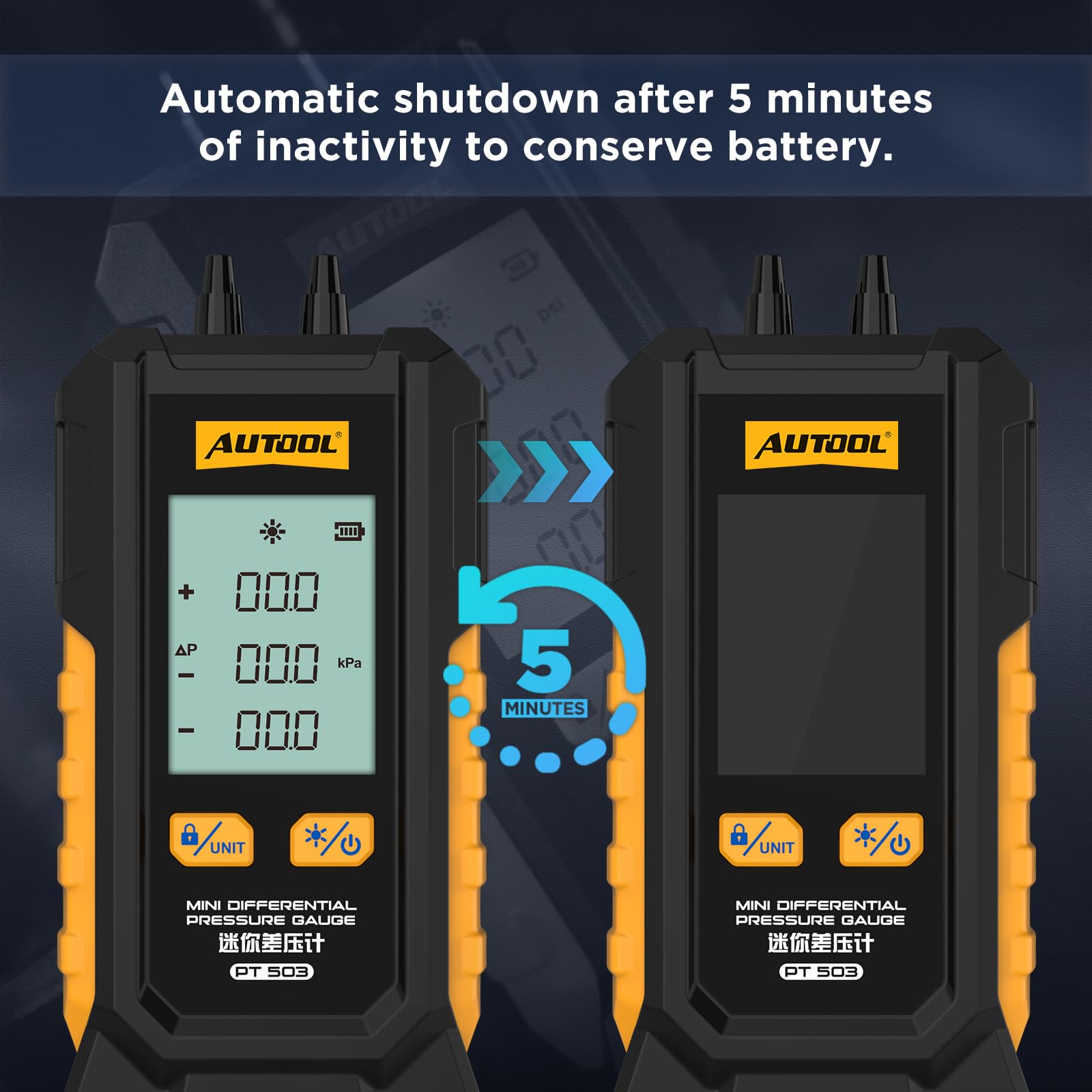 AUTOOL Manomètre de Pression de Gaz, PT503 Manomètre de Digital Numérique Manomètre Différentiel HVAC, ±0.5% FSO Précision, 101Kpa~200Kpa, écran LCD Rétroéclairé