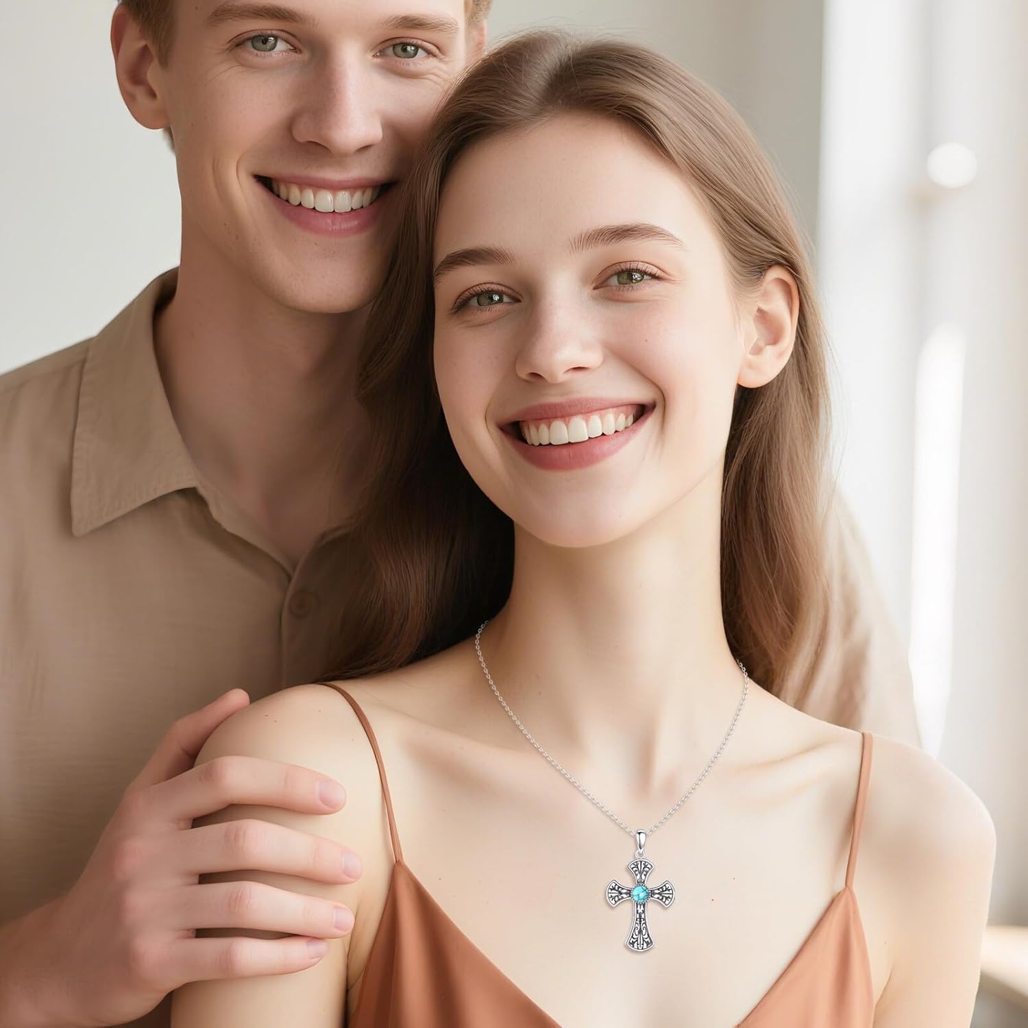 Turquoise Cross Necklace for Women Vintage 925 Sterling Silver Religious Pendant Jewelry, Christian Gothic Style Gift - Image 3