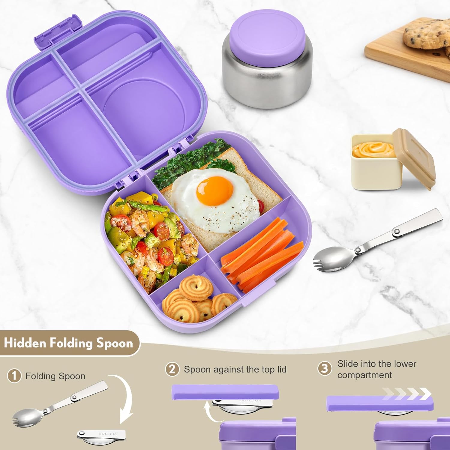 Bento Lunch Box with 12oz Soup Thermo,4 Compartments Lunch Box Containers, Spoon&Sauce Jar, BPA Free&Leak proof,Insulated Food Jar for Travel(Purple) - Image 8