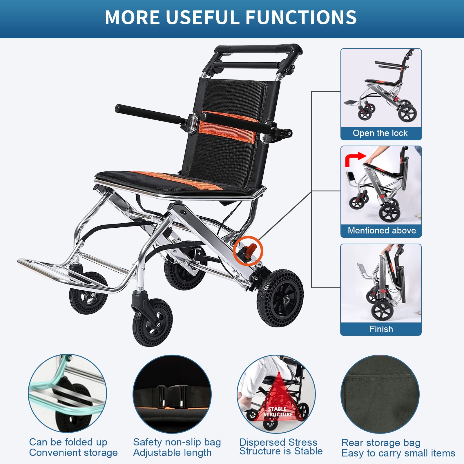 Faltbarer leichter Rollstuhl mit Handbremse – tragbarer Reise-Rollstuhl für Erwachsene, Kinder, ältere Menschen – Trolley aus Aluminiumlegierung