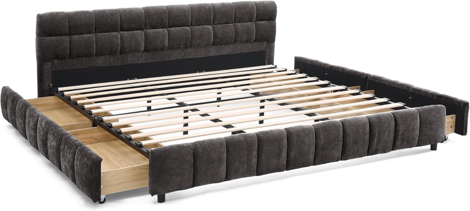 SOFTSEA California King Size Upholstered Floor Bed Frame with 4 Drawers, Chenille Fabric Grounded Bed Platform Bed with Thick Headboard, No Box Spring Needed, Easy Assembly, Dark Gray