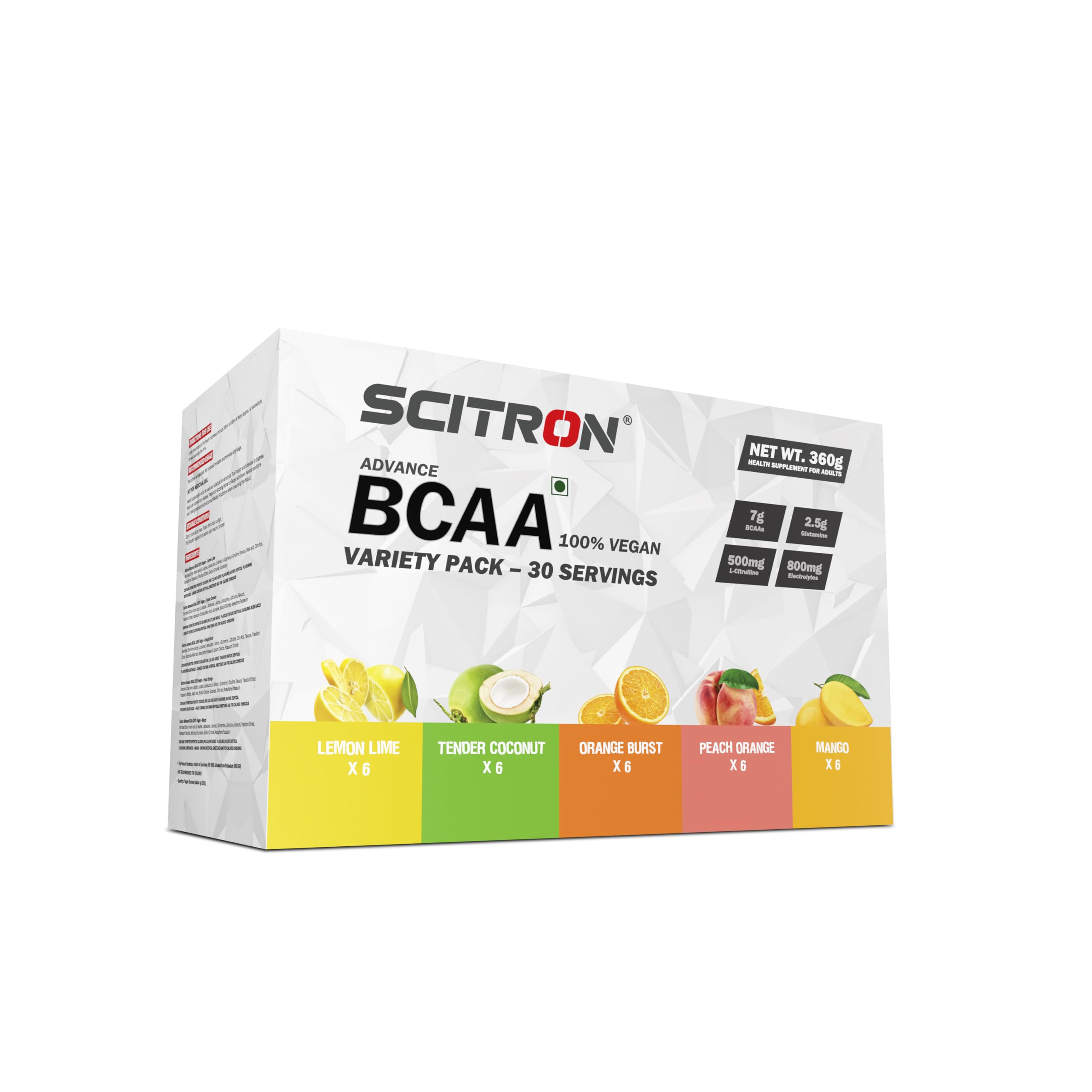 Scitron Advanced 100% VEGAN BCAA Variety Pack | Build Lean Muscle, Recover Faster | 5 Flavours Variety Box – 30 Servings (6 Single Servings of each flavour - Lemon Lime, Tender Coconut, Orange Burst, Peach Orange, Mango)-picture-14