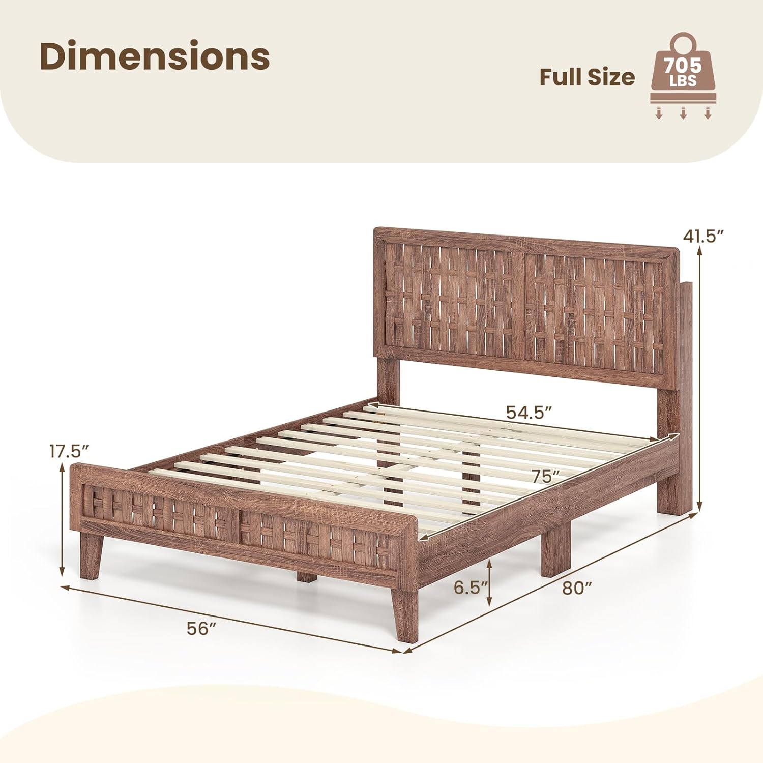 Giantex Wood Full Size Bed Frame with Woven Headboard, Mid-Century Platform Bed w/Wooden Slat Support Mattress Foundation, Accent Footboard, Under-Bed Storage Space, No Box Spring Needed, Walnut