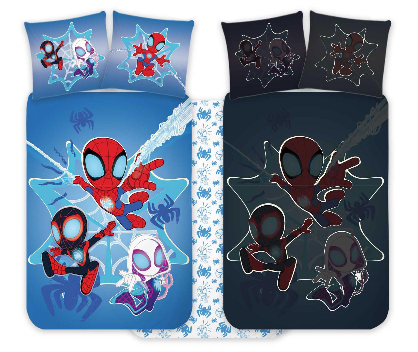 Spidey - Kinderbettwäsche-Set 100 x 135 cm + Kopfkissenbezug 40 x 60 cm, 100 % Baumwolle, Kinderbettwäsche für Babys, die im Dunkeln leuchten, perfekt für Jungen, Bettwäsche