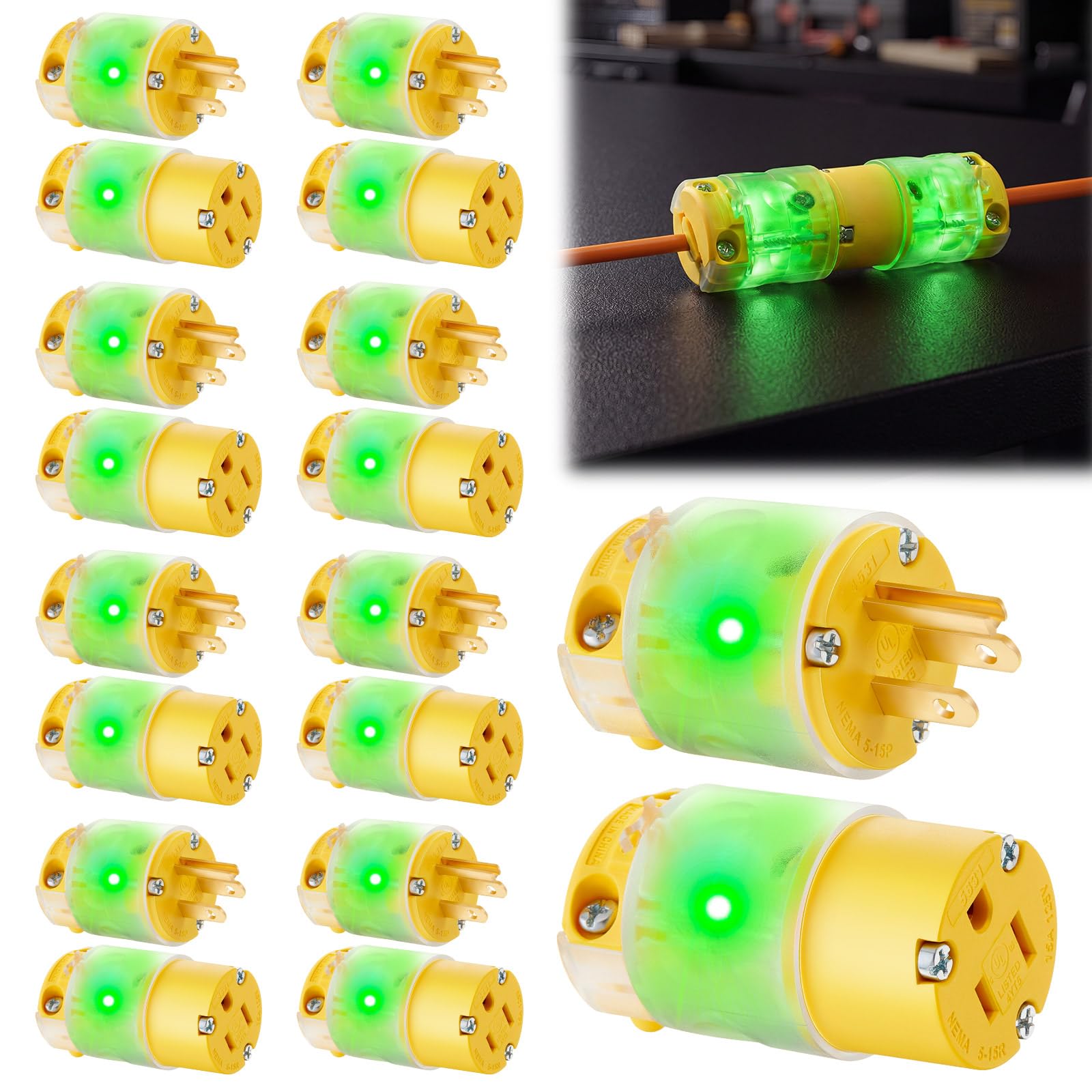Flutesan 16 Pcs Lighted Plug and Connector Set, Yellow | 15A 125V