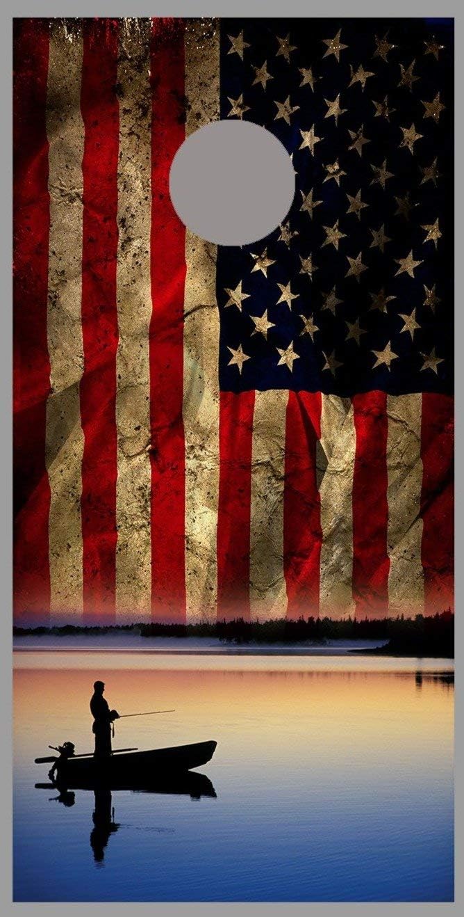 Aged American Flag Boat on Lake Fishing Corn Hole Board Decal Wrap