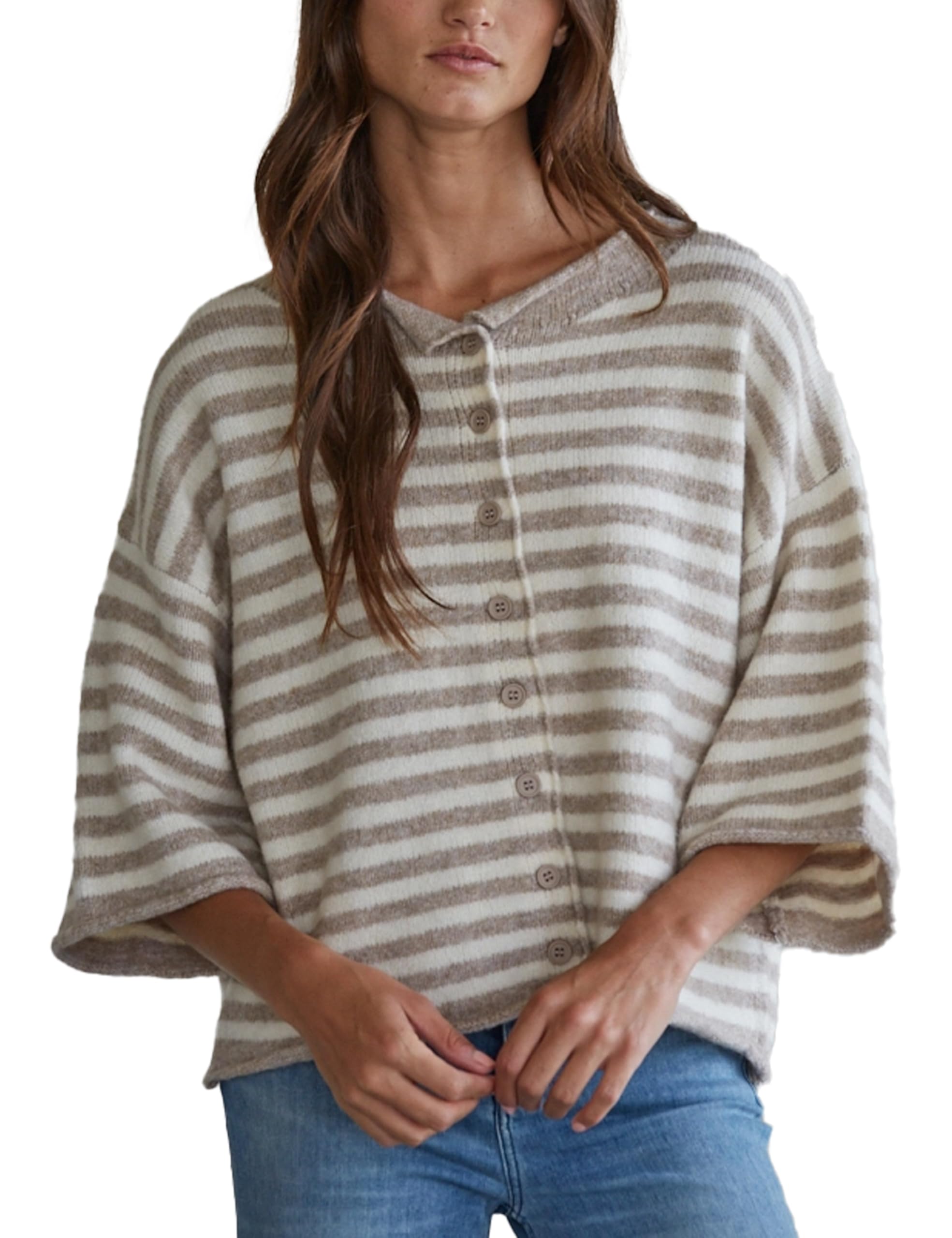 Womens Casual Striped Cardigan 3 4 Sleeve Open Front Button Down Knit Sweater Loose Fit Fall Sweaters