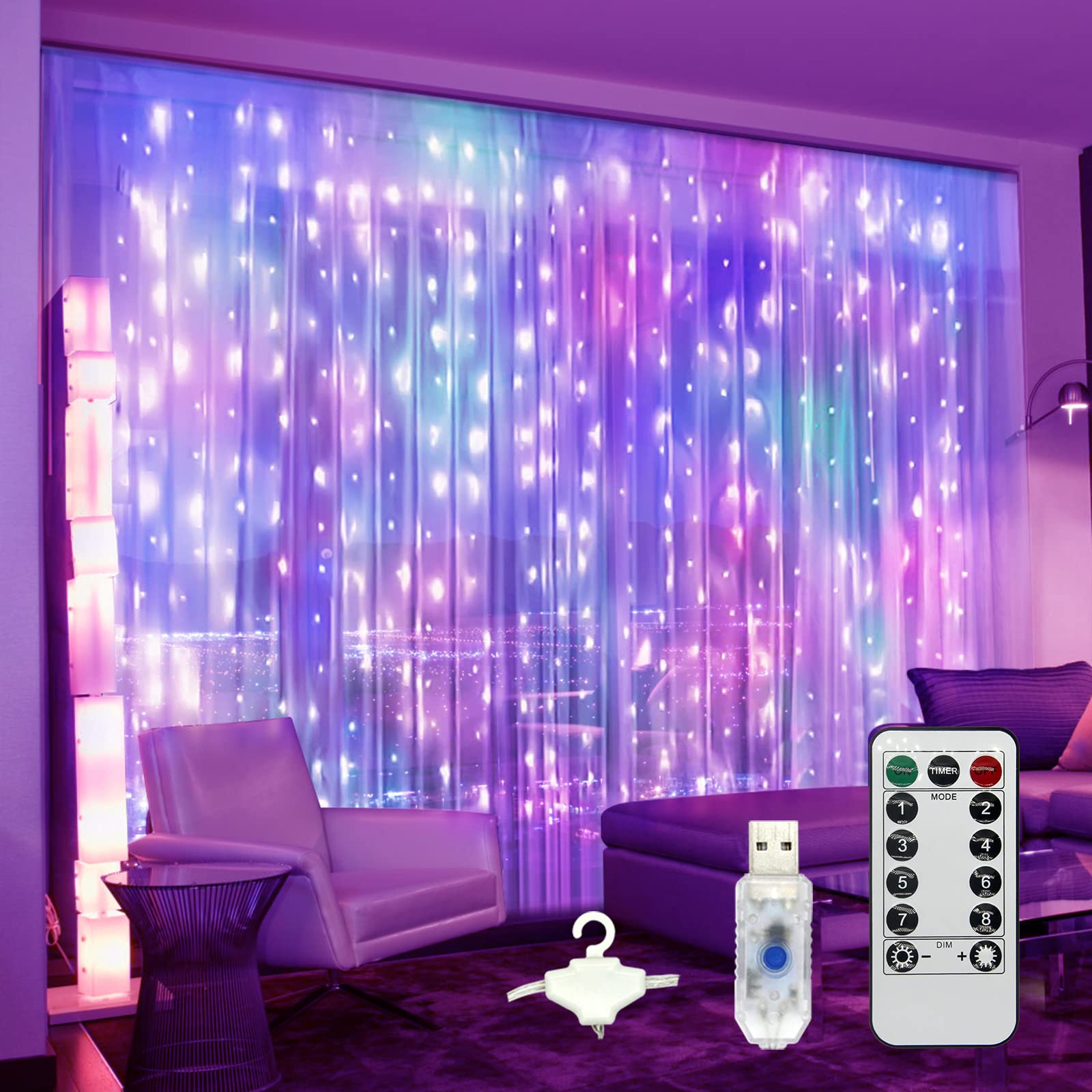 VOLIVO Magictec 300 LED Curtain String Light,RGB 20ft 9.8ft x 2 pcs, 8 Lighting Modes Fairy Twinkle String Lights Wedding Party Home Garden Bedroom Indoor Wall Decorations