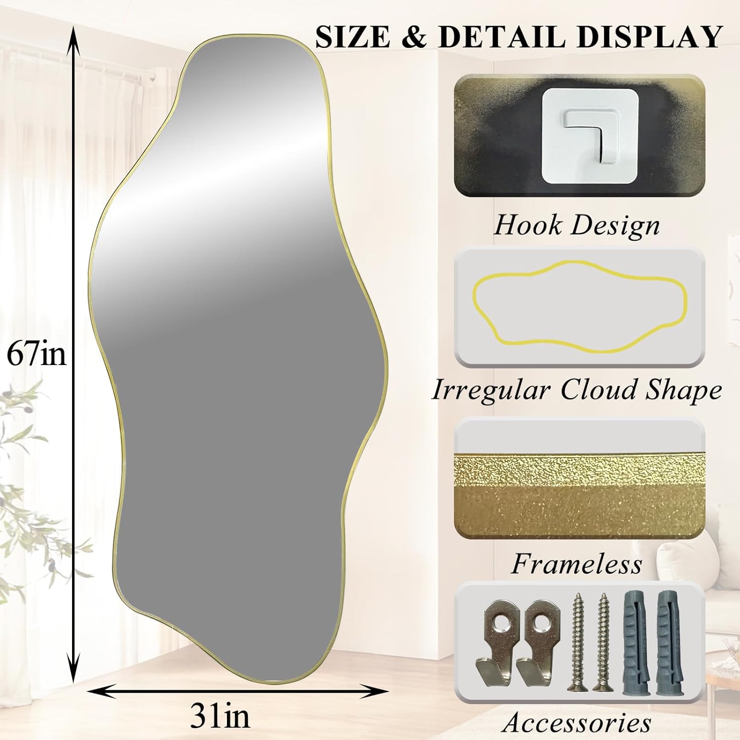 Irregular Mirror Full Length, 67"x31" Large Asymmetrical Tempered Glass Mirror, Gold Organic Frameless Wall Mirrors for Living Room Bedroom Hallway Entryway, Horizontal or Vertical Hanging