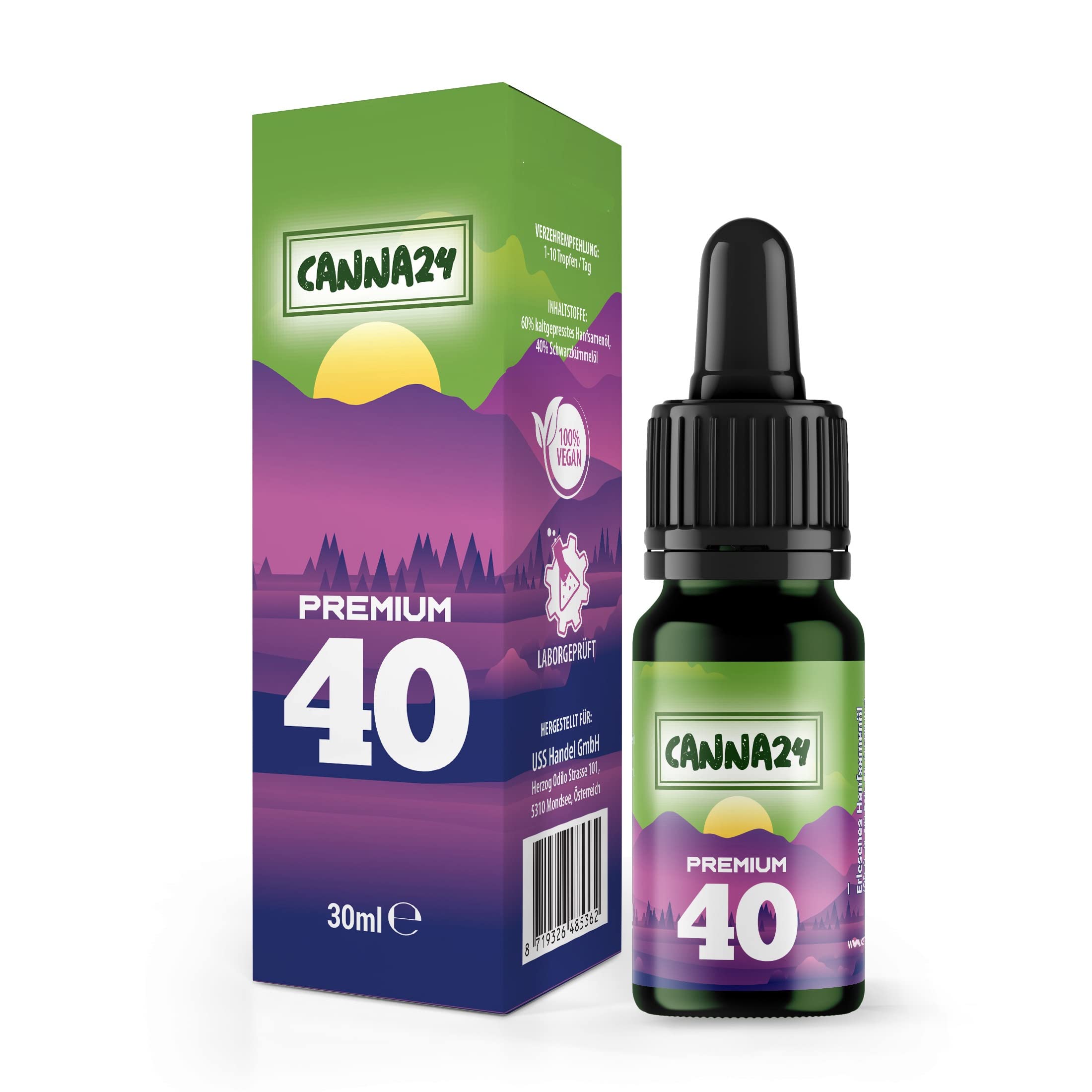 CANNA24 - Huile de graines de chanvre Vital n ° 40 avec 30 ml (750 gouttes) extra forte et à fortes doses, huile de graines de chanvre Vital, 100% naturel, gouttes de chanvre avec oméga 3-6-9