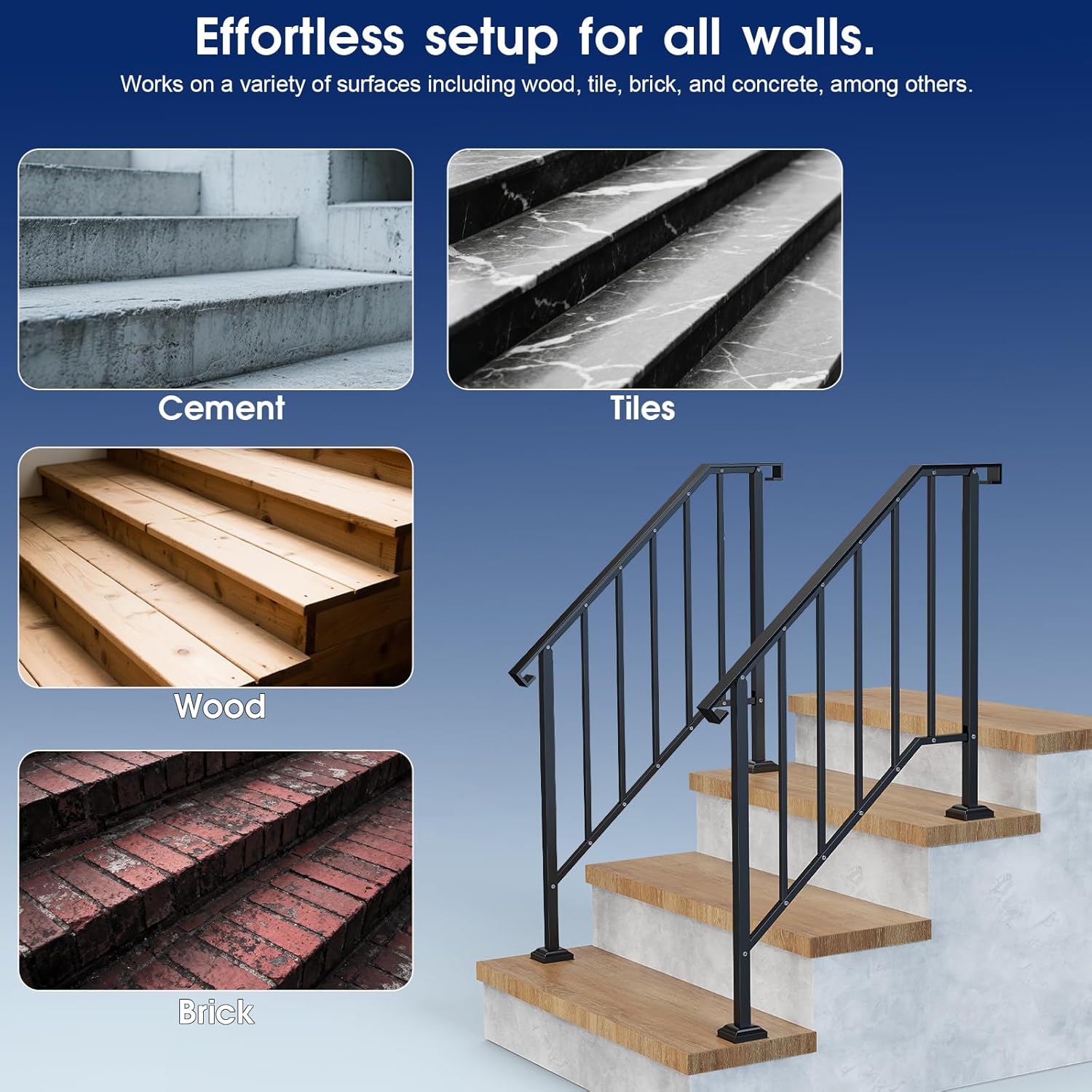 Outdoor Handrails for Steps, Stair Railing Kit for Concrete & Porch Steps, Adjustable Black Iron Hand Rail for Seniors, Easy Installation, Retro Arch Design (2 Pack-3 Steps) 2 Pack-3 Steps Black