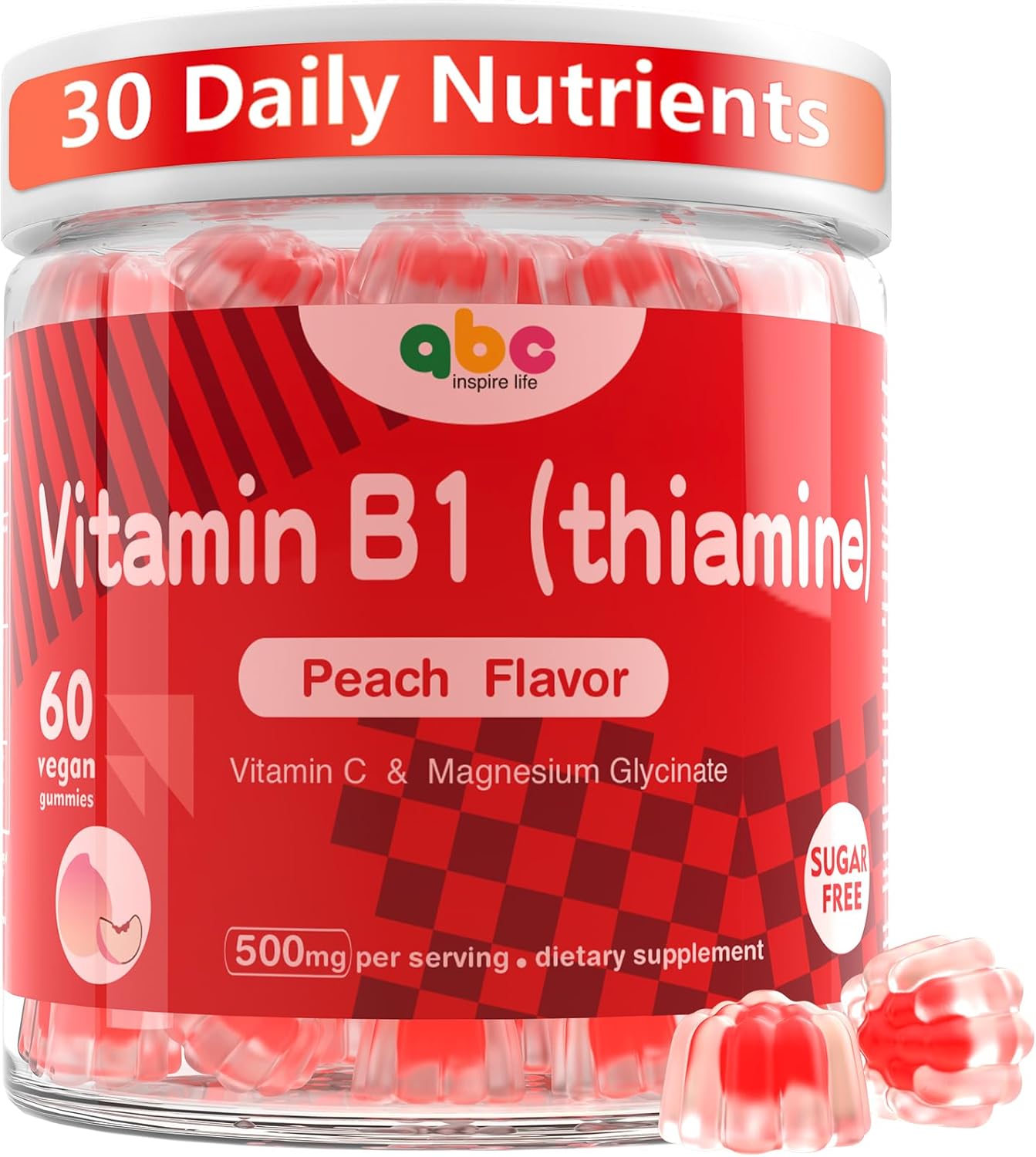Vitamin B1 Gummies 300mg for Adults & Kids,Chewable Thiamine B1 Supplement with 150mg Magnesium,Nervous System Healthy Energy,Natural Peach Flavor,Non GMO,Vegan 60 Count Sugar-Free 1-Month Supply1