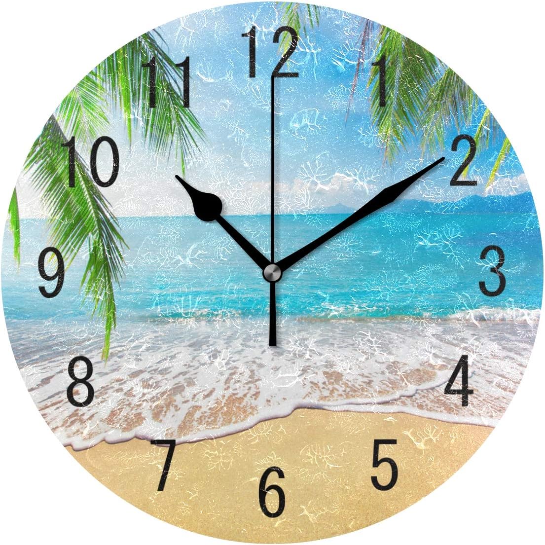 ALAZA Home Decor Palm Tree Beautiful Sea Beach Scenery Sand Round Acrylic 9.5 Inch Wall Clock Non Ticking Silent Clock Art for Living Room Kitchen Bedroom
