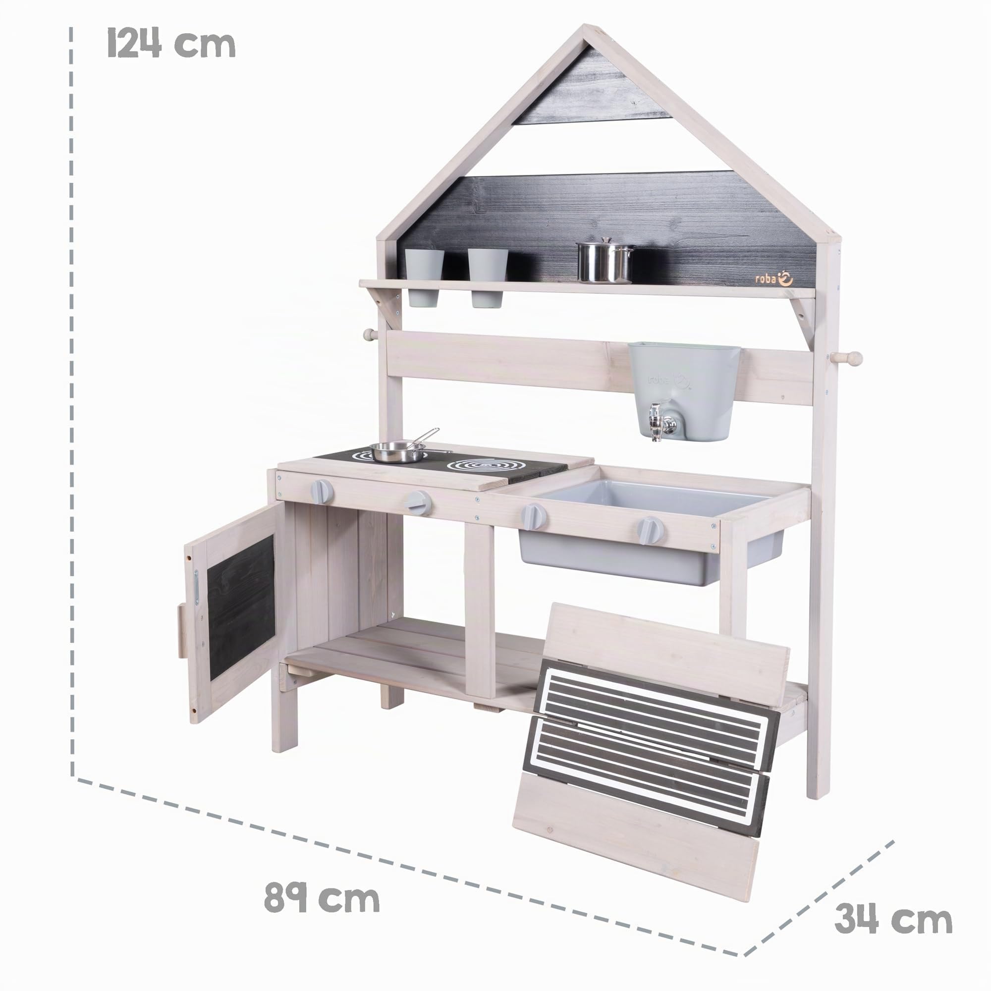 roba Cocina para Niños con Diseño de Casa - Cocinita de Juego Funcional para Exteriores con Accesorios - Madera Maciza Certificada FSC - Gris Esmaltado