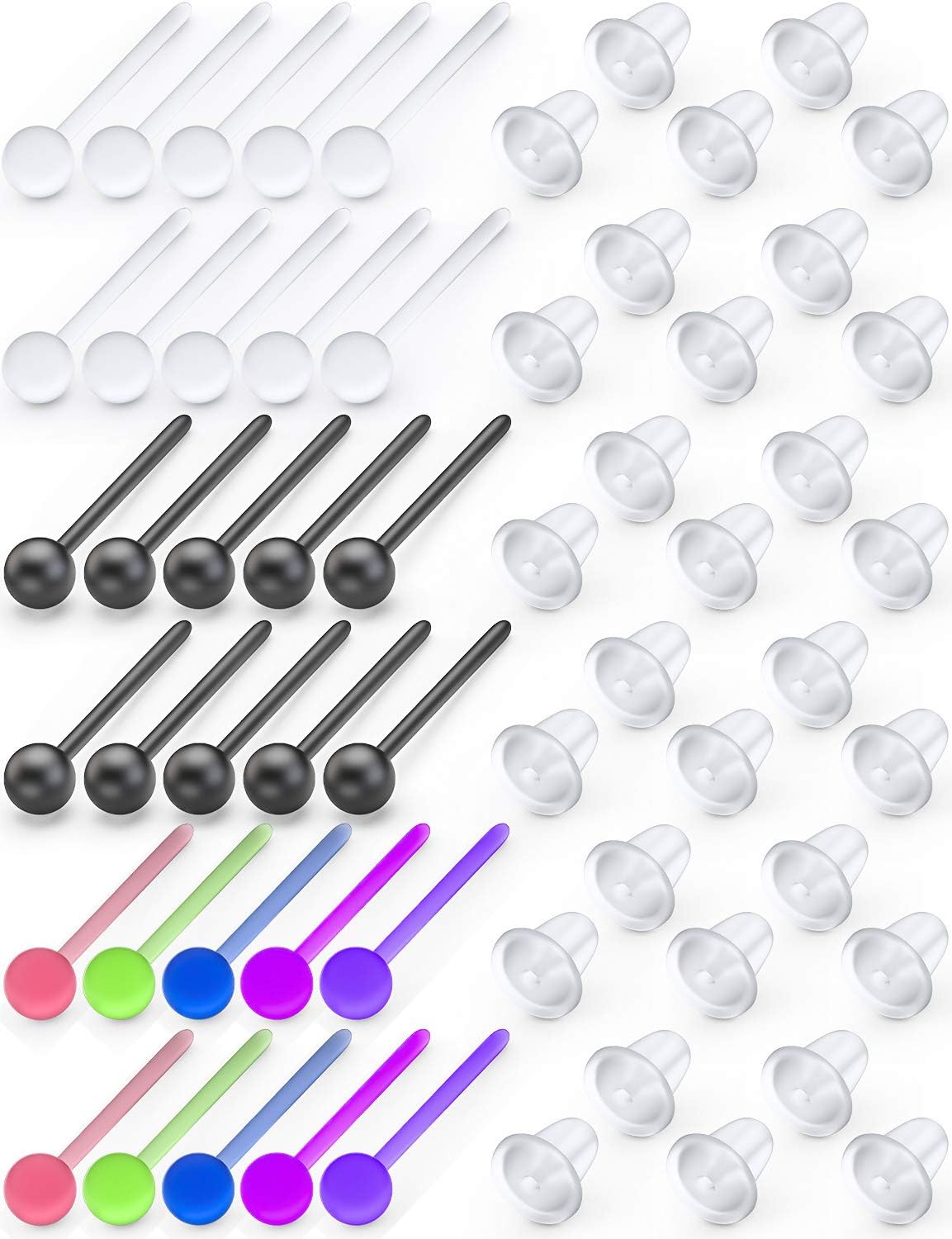Jenxnjsjo Clear/Black/Multicolor Plastic Ball/Flat Stud Earrings Hole Saver Piercing Retainers Medical Grade for Women Men Sensitive Ears Sports Surgery Work