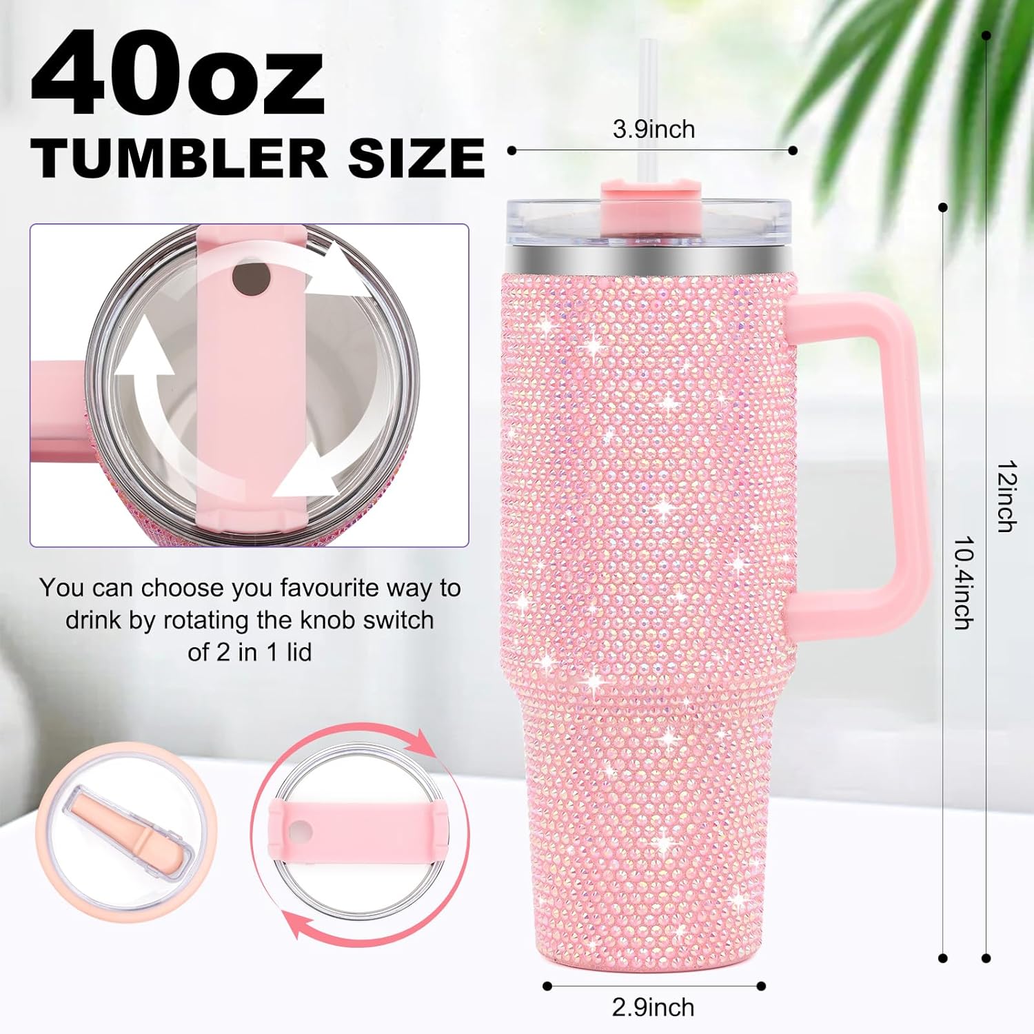 40 oz Tumbler with Handle and Flip Straw Lid, Insulated Leak Proof Double Walled Stainless Steel Rhinestone Diamond Studded Bling Travel Mug Tumblers, Maintains Cold Ice and Heat for Hours - Image 3