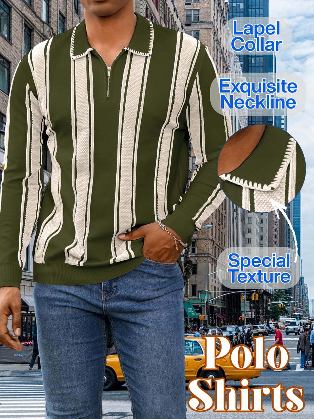 ChiaoLezhee Men's Slim Fit Lapel Quarter-Zip Polo, Striped Lightweight Knit Pullover for Casual Wear