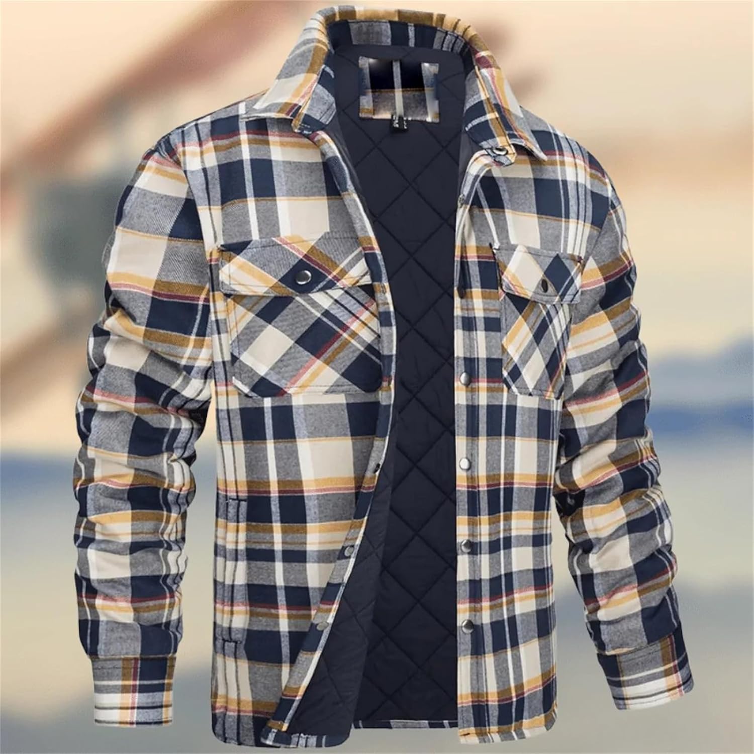 Men's Flannel Shirt Jacket Quilted Lined Long Sleeve Plaid Coat Button Down Thick Outwear Winter Lapel Thickened Shirt
