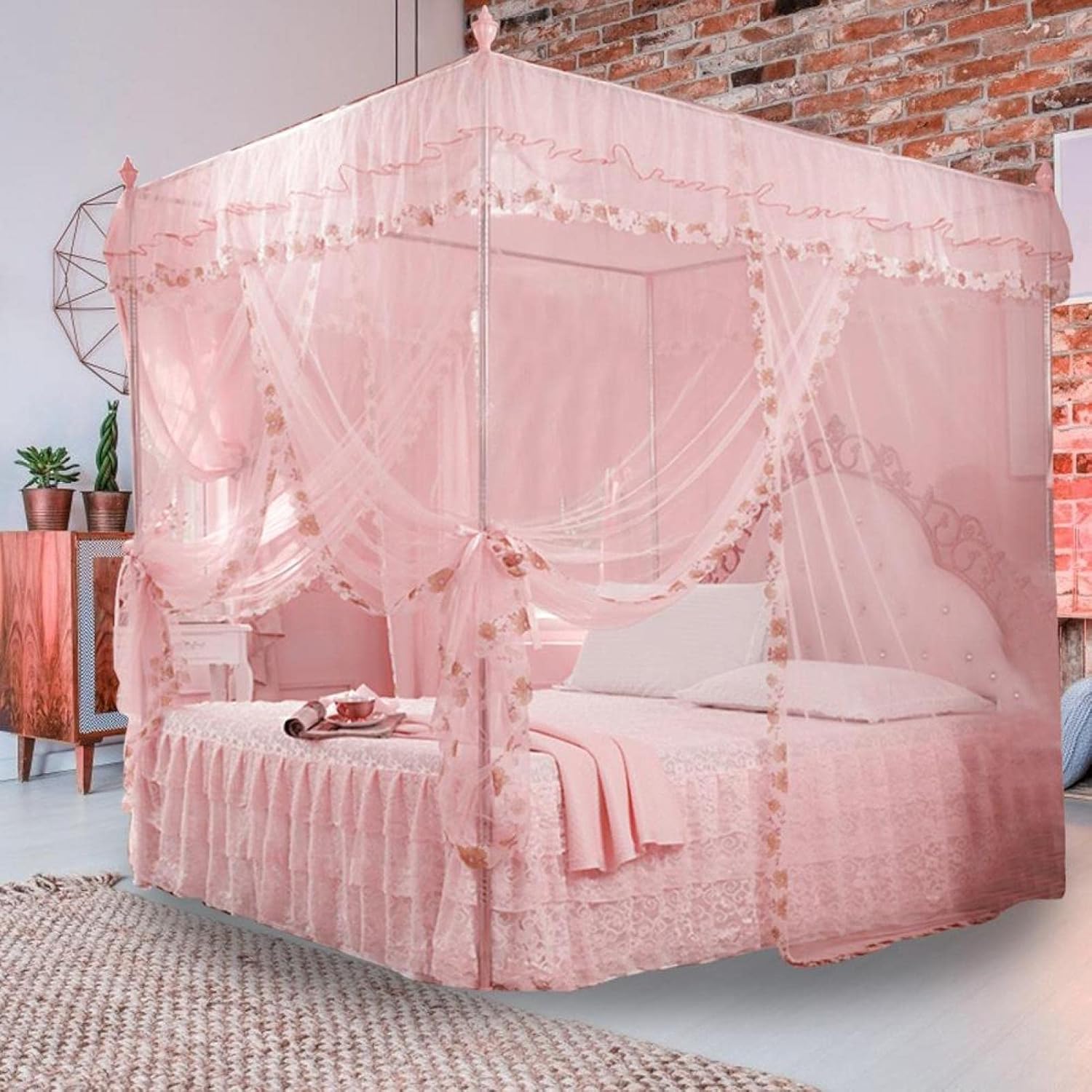 Cryfokt Princess 4 Corners Post Bed Curtain Canopy, Elegant Netting Bed Canopy Set Mesh Net Bed Canopy Netting for Home(M)