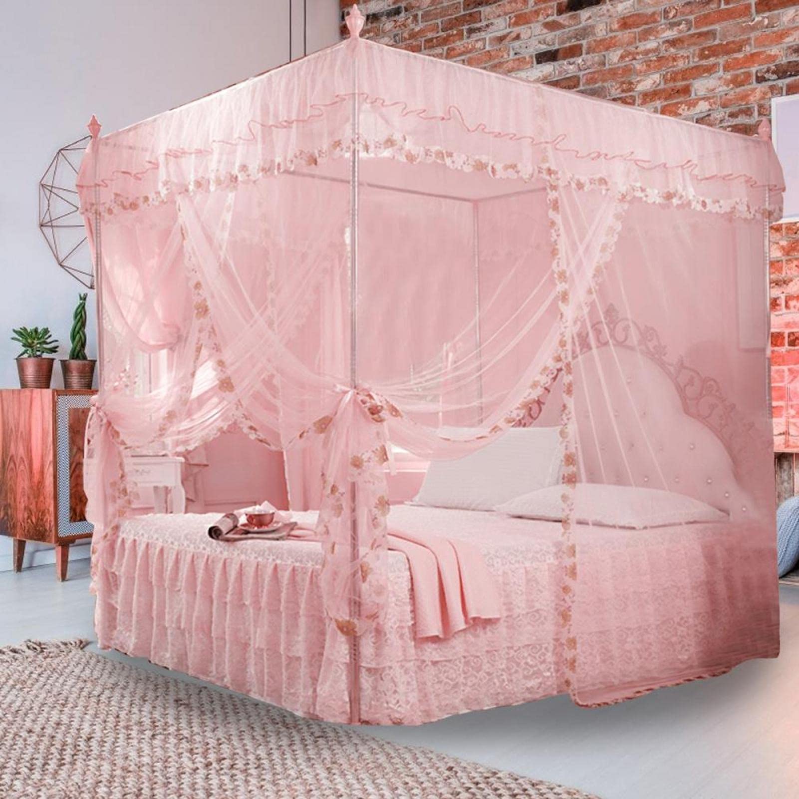 Princess 4 Corners Post Bed Curtain Canopy, Elegant Netting Bed Canopy Set Mesh Net Bed Canopy Netting for Home( M)
