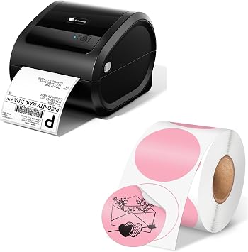 Phomemo D520BT Thermal Label Printer for Business, with 2 Pink Circle Thermal Labels, 750 Labels/Roll