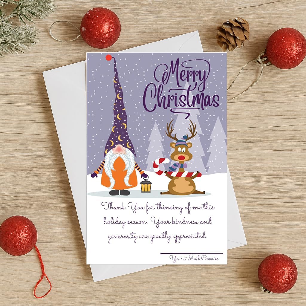 Mail Carrier Holiday Thank You Postcards Gnome Reindeer Scene 50pcs 4x6 inches Leave A Little Thank You