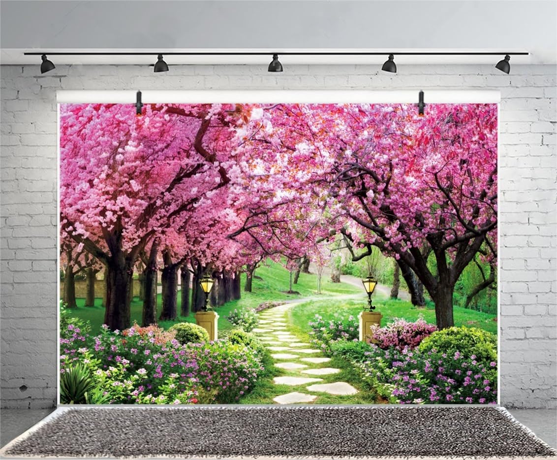 3x2,5m Toile de Fond Jardin de Printemps Fleur de Cerisier Paysage Naturel Fond Photographique Décoration de fête d'anniversaire Accessoires pour Photos de Portrait d'enfants et d'adultes
