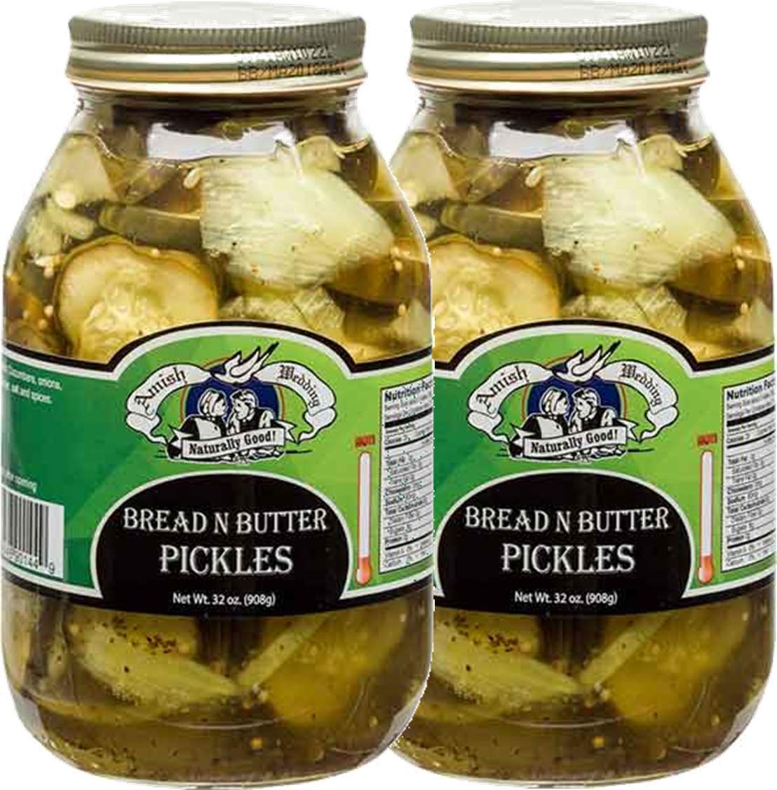 Amish Wedding Foods Bread & Butter Pickles, TWO 32 oz. Quart Jars (Bread & Butter)