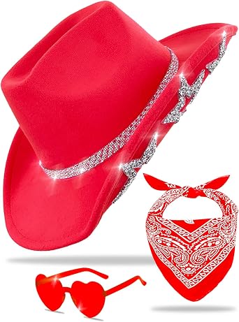 JICASTO Cowboy Hat for Women Men 6 Sparkly Stars Brim & Rhinestone Belt Western Cowgirl Hat with Sunglasses Bandanas