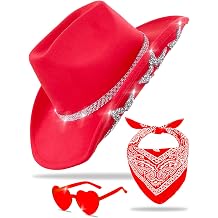 JICASTO Cowboy Hat for Women Men 6 Sparkly Stars Brim & Rhinestone Belt Western Cowgirl Hat with Sunglasses Bandanas