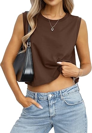 EasyGala Womens Cotton Loose Fit Crop Tank Tops Basic Crewneck Sleeveless Tee Casual Workout Summer Going Out Outfits