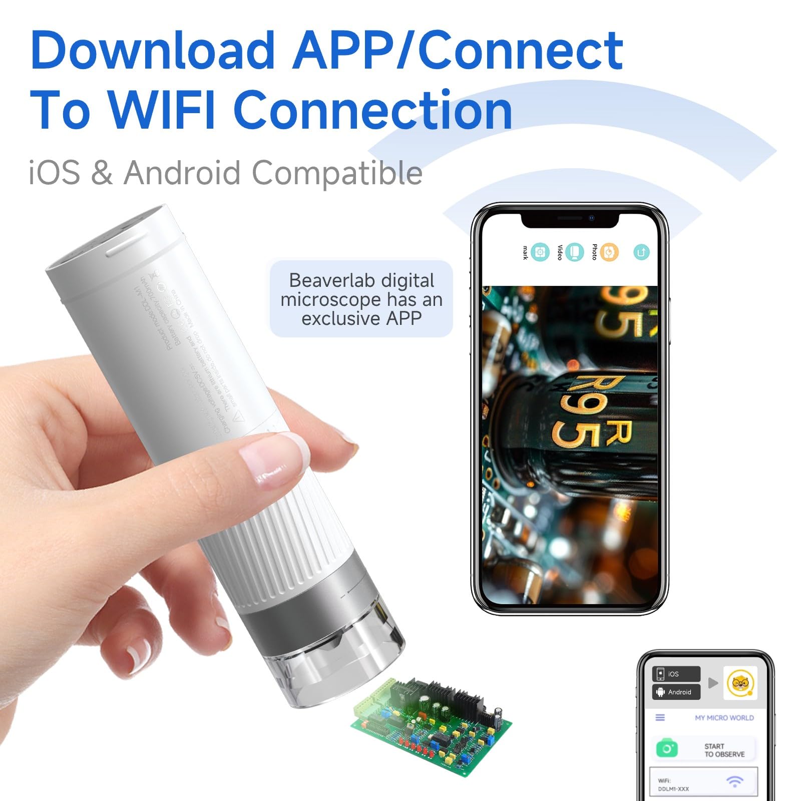 BEAVERLAB Microscopio 1000X HD Video/Foto Monedas Microscopio Portátil de Mano Digital WiFi USB Microscopio para Niños, Mini Cámara 8 Luces LED Ajustables Compatible con iPhone, Android, iPad