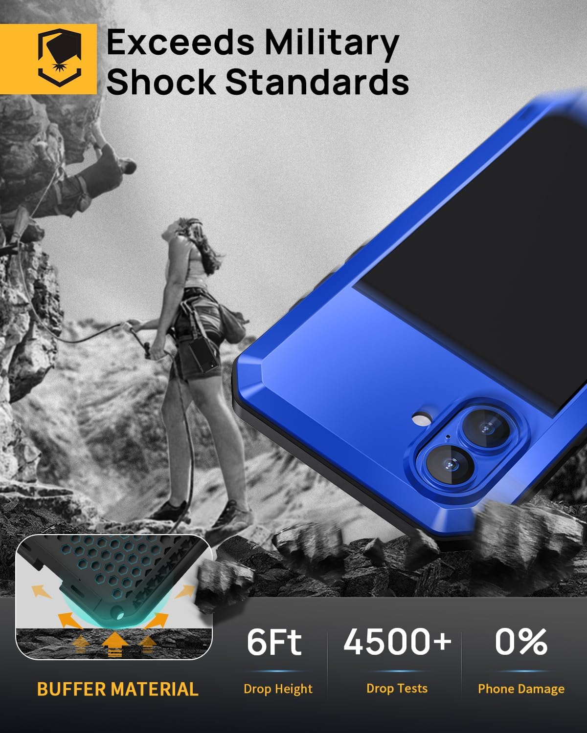 Lanhiem for iPhone 16 Case, Metal Heavy Duty Shockproof Tough Rugged Case with Built-in Glass Screen Protector, 360 Full Body DustProof Strong Protective Phone Cover for iPhone 16 6.1", Blue