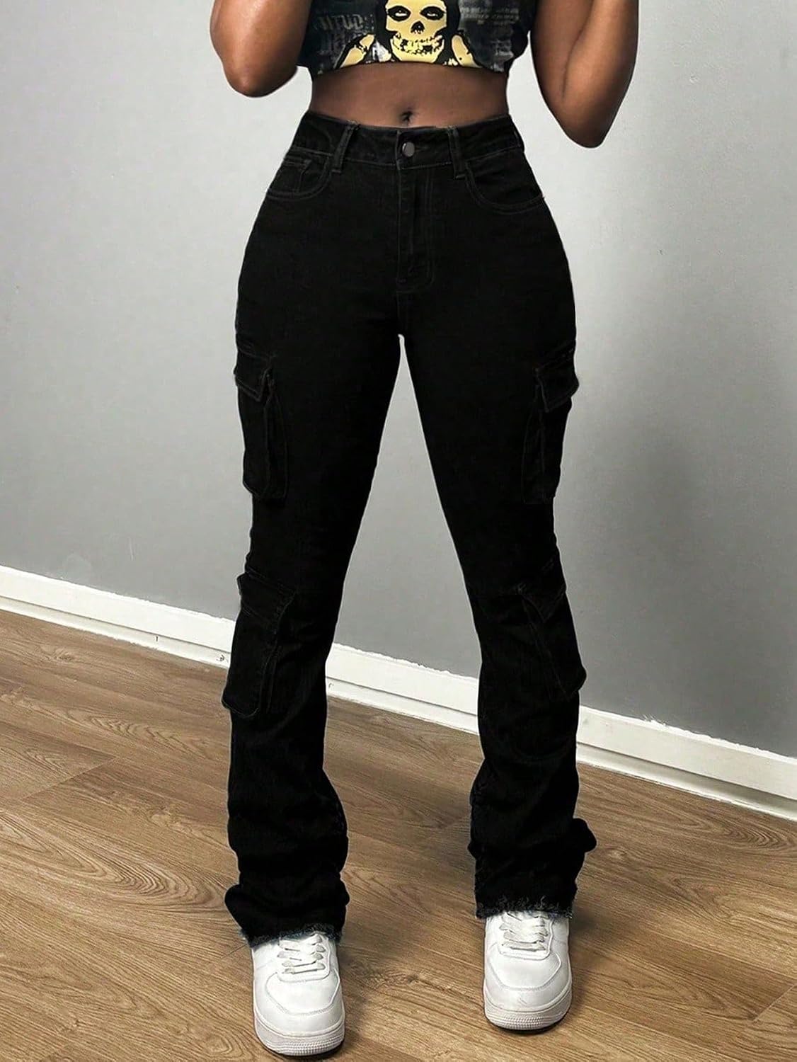 Skinny Cargo Pants Women Elastic Mid Waist Denim Jeans Streetwear Slim Fit Tapered with Flap Pocket Versatile
