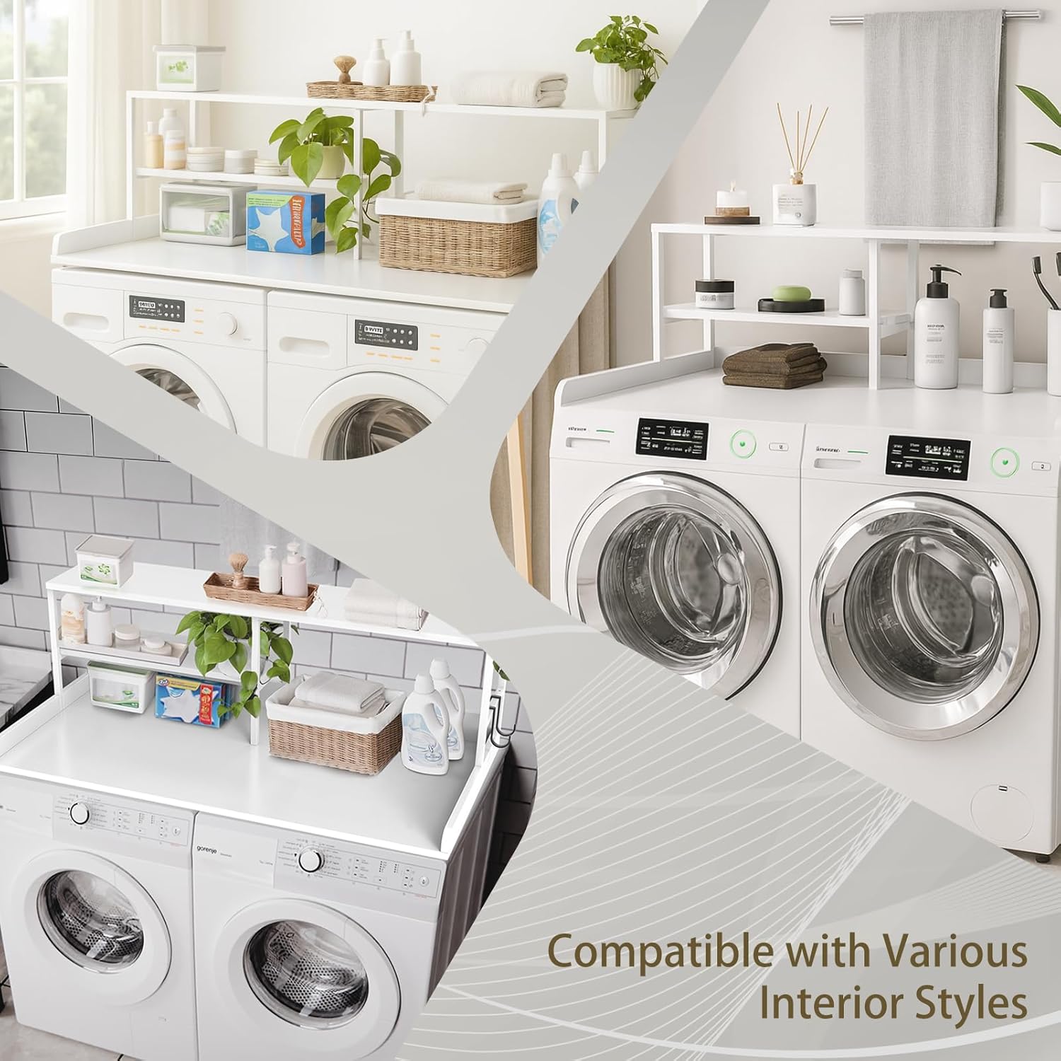 washer and dryer countertop with shelf, 2-tier 54" x 27.5" wood laundry countertop non-slip pads, washer dryer topper with high edge rails and hooks, waterproof & heat resistant top (white)