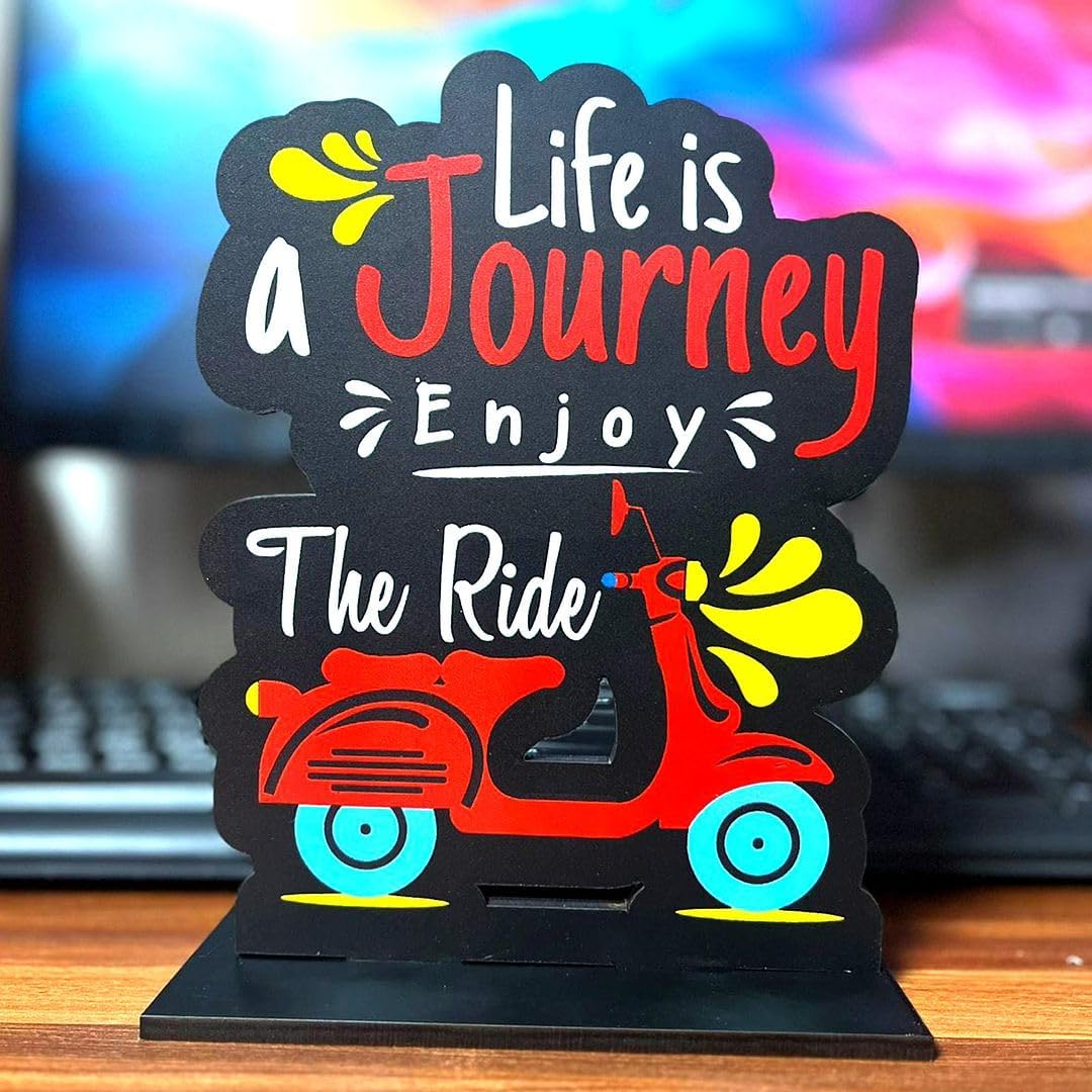 Wooden Positive Quote Life is a Journey Enjoy The Ride Idols & Figurine Table Decor Item| Modern Art Showpiece for Office Desk| Study| Book Shelf| Home Decoration and Gift (5.8inchX7.6inch)_S155