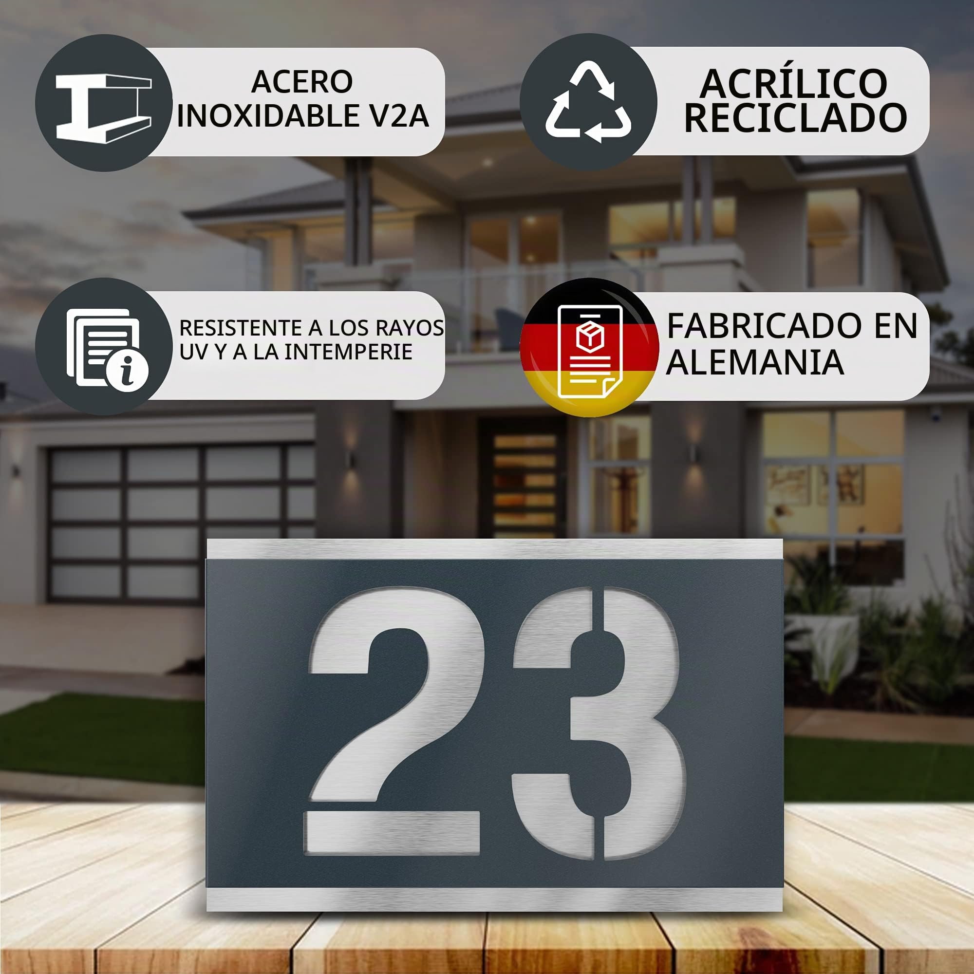 placa número para casa exterior – 160x110 mm, antracita RAL 7016, acero inoxidable V2A (AISI 304), personalizable