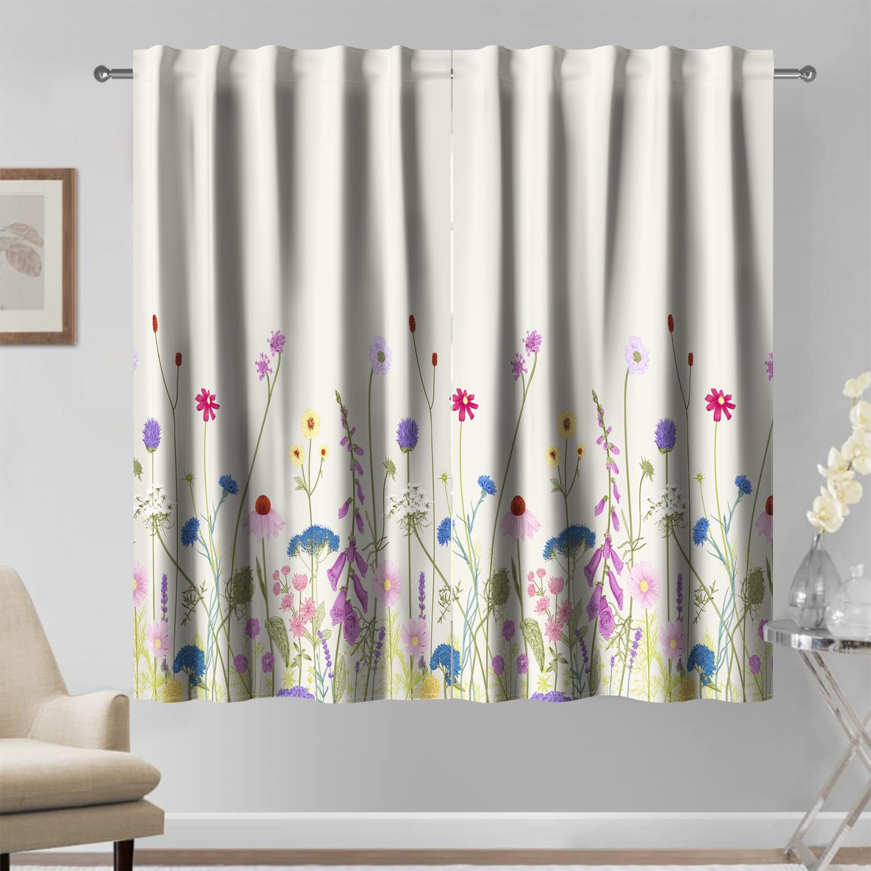 Kzzfqxb 2 Panels 135x229cm Floral Curtains, White Background Botanical Herb Purple Pink Wild Flowers Daisy Weeds Window Drapes, Elegant Decor for Living Room Girls Bedroom Dining Room โ image 1