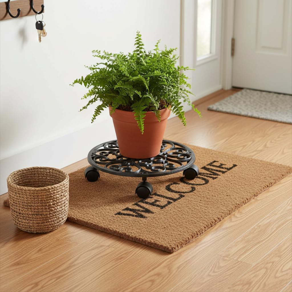 Comfy Hour 12" Cast Iron Plant Caddy with Wheels, Heavy Duty Rolling Flower Pot Stand, Decorative Victorian Style Plant Dolly for Indoor Outdoor Use, Bronze Finish, 1 Unit