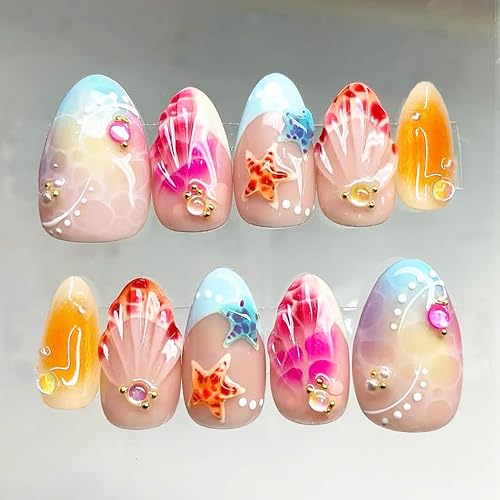 30pcs Summer Press on Nails Short Almond Fake Nails with Starfish Shell Gold Beads Rhinestones Designs French Tip False Nails Kit Glossy Full Cover Glue on Nails for Women Nail Decoration