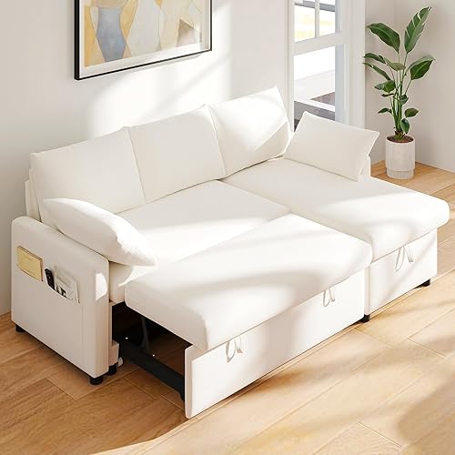 Real Relax 80'' Sofa Bed, L Shaped Chenille Sleeper Sofa Couch with Pull Out Bed and Chaise Storage for Living Room, Apartment and Office, Beige